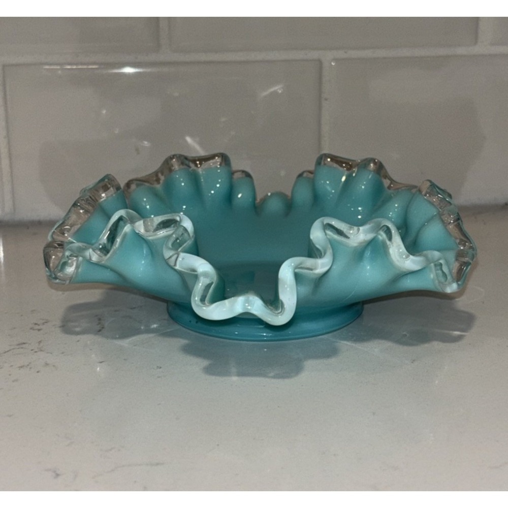 Vintage Fenton Turquoise Silver Crest Candy Dish Double Crimped Bowl 6 1/4 Inch
